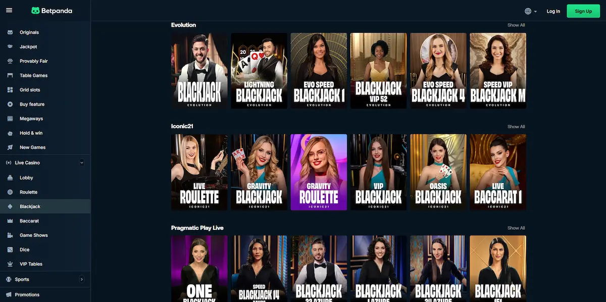 Živé blackjackové stoly Evolution Gaming a Iconic21 v Betpanda Casino