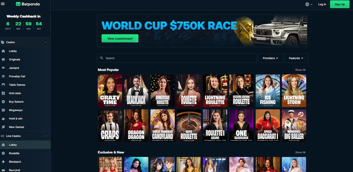 Live casino lobby Betpanda s živými stoly Evolution Gaming
