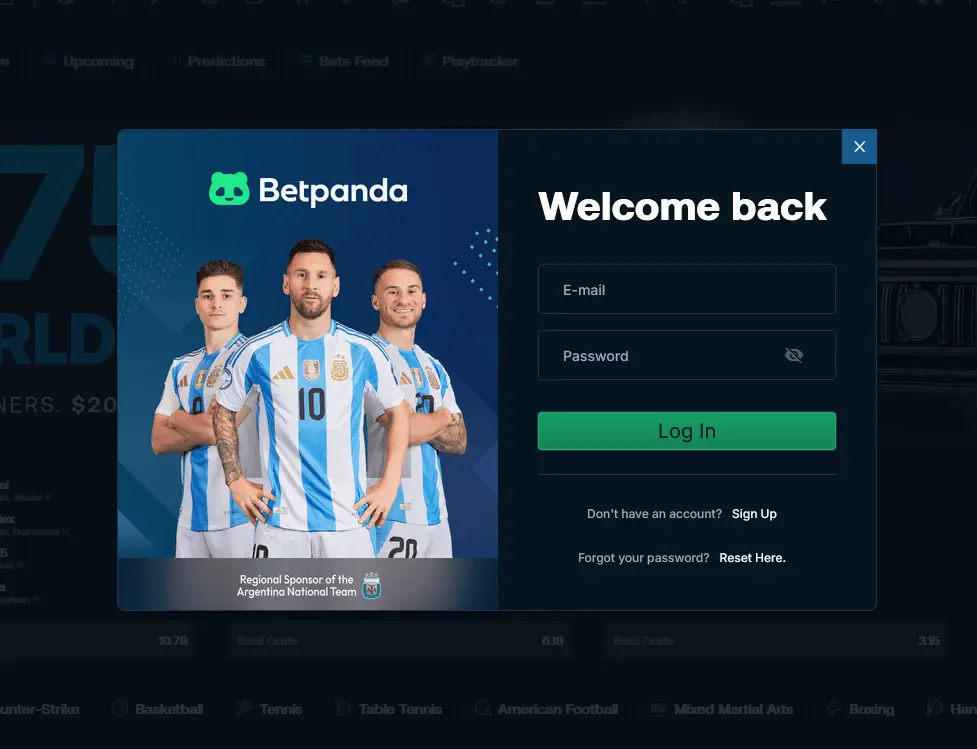 Přihlašovací okno Betpanda Casino s polem pro e-mail a heslo