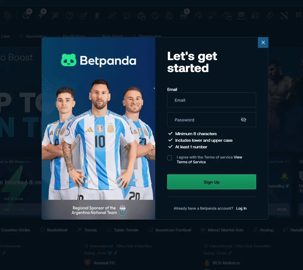 Registrační formulář Betpanda Casino pro založení nového účtu