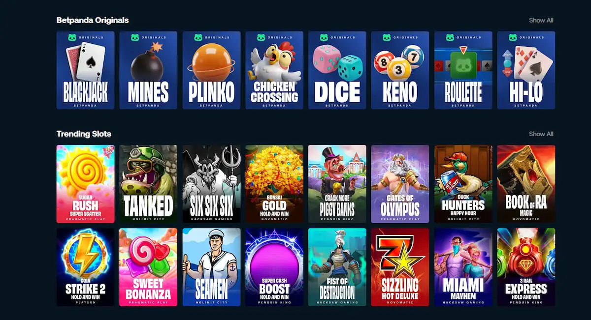 Betpanda Originals a trendující sloty v herním lobby Betpanda Casino